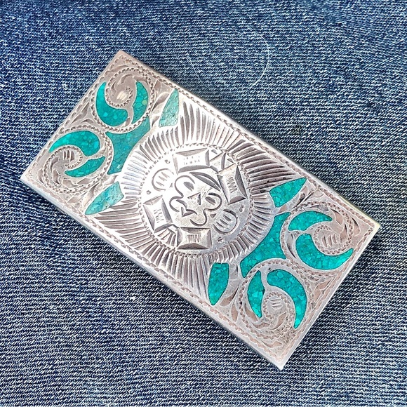 Vintage Sterling Silver Turquoise Aztec Mayan Belt Buckle Mexico - Picture 15 of 16